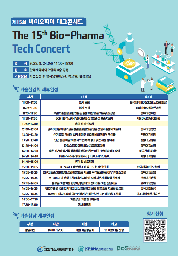 제15회 바이오파마 테크콘서트
The 15th Bio-Pharma
Tech Concert
일 A 2023. 8. 24.() 11:00-18:00
장 스 한국제약바이오협회 4층 강당
기술상담 사전신청 후 행사당일(8/24, 목요일) 현장상담
기술설명회 세부일정
시간
11:00-11:05 인사말씀 한국 제약 바이오 협회 노인홍 회장
11:05-11:10 행사소개  과학기술사업화진흥원
11:10~11:30 택란추출물을 포함하는 골질환 예방 또는 치료용 조성물 경희대 정학상
11:30-11:50 GCH 1표적 siRNA를 이용한 신경병증성 통증 치료제 서울아산병원 이희란
11:50-12:40 휴식 및 네트워킹
12:40-13:00 글라이코실화 면역 글로 불린을 포함하는 염증성 안과 질환의 치료제 건국대 강영선
13:00-13:20 신경 발달 장애의 발병 위험도 예측용 바이오마커 조성물 단국대 김희정
13:20-13:40 인간 질환 예방/치료제와 인축 독성이 없는 해충 방제제 한림대 고양호
13:40-14:00 파킨슨 질환 예방 또는 치료용 조성물 경북대 김상룡
14:00-14:20  짧은 시간에 생리활성물질캡슐화하는 마이크로캡슐제조방법 성균관대 정지헌
14:20-14:40 Histone deacetylase 6 (HDAC6) PROTAC 휴식 및 네트워킹 계명대 서영호
14:40-15:00 휴식 및 네트워킹 
15:00-15:05 K-SPACE 플랫폼 소개 및 고도화 방안 안내 한국 제약바이오 협회
15:05-15:25 안구건조증 및 황반변성의 예방 또는 치료를 목적으로하는 아우쿠빈조성물 전북대 김정현
15:25-15:45 mTORC2 타겟알츠하이머성 치매 및 자폐 저분자화합물 치료제
15:45-16:05 플랫폼 기술기반 향생제/항암제 및 펩타이드 기반 진단키트 고려대 유영도
16:05-16:25 천연추출물 유래 인지개선 및 신경퇴행성 질환 예방 또는 치료용 조성물 건국대 최동국
16:25-16:45 NAMPT 대사조절에 의한 염증성 장 질환 치료 또는 예방용 조성물 아주대의료원 김유선
14:00-17:30 기술상담 (기술별30분씩)
17:30-18:00 행사마무리

'기술상담 세부일정
구분
시간
내용
비고
상담세션
14:00-17:30
개별 기술상담회
1:1 파트너링 진행
KPBMA한국
BIOSPECTATOR
과학기술사업화진흥원
참가신청